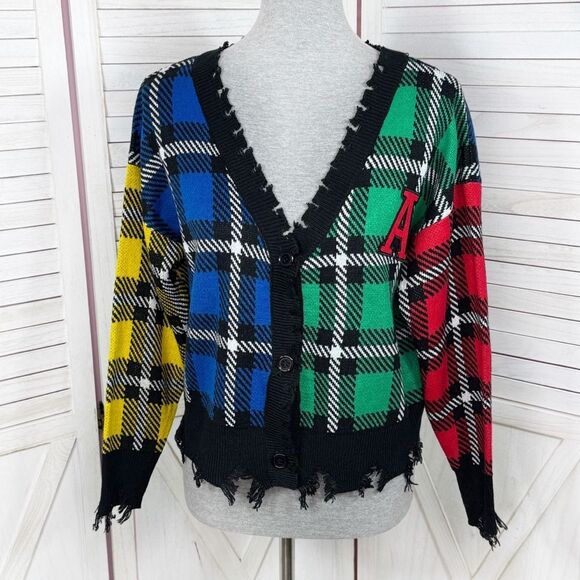 Runway 7 Plaid Colorblock Distressed Cropped Grunge Punk Cardigan Sweater Medium - Picture 1 of 12